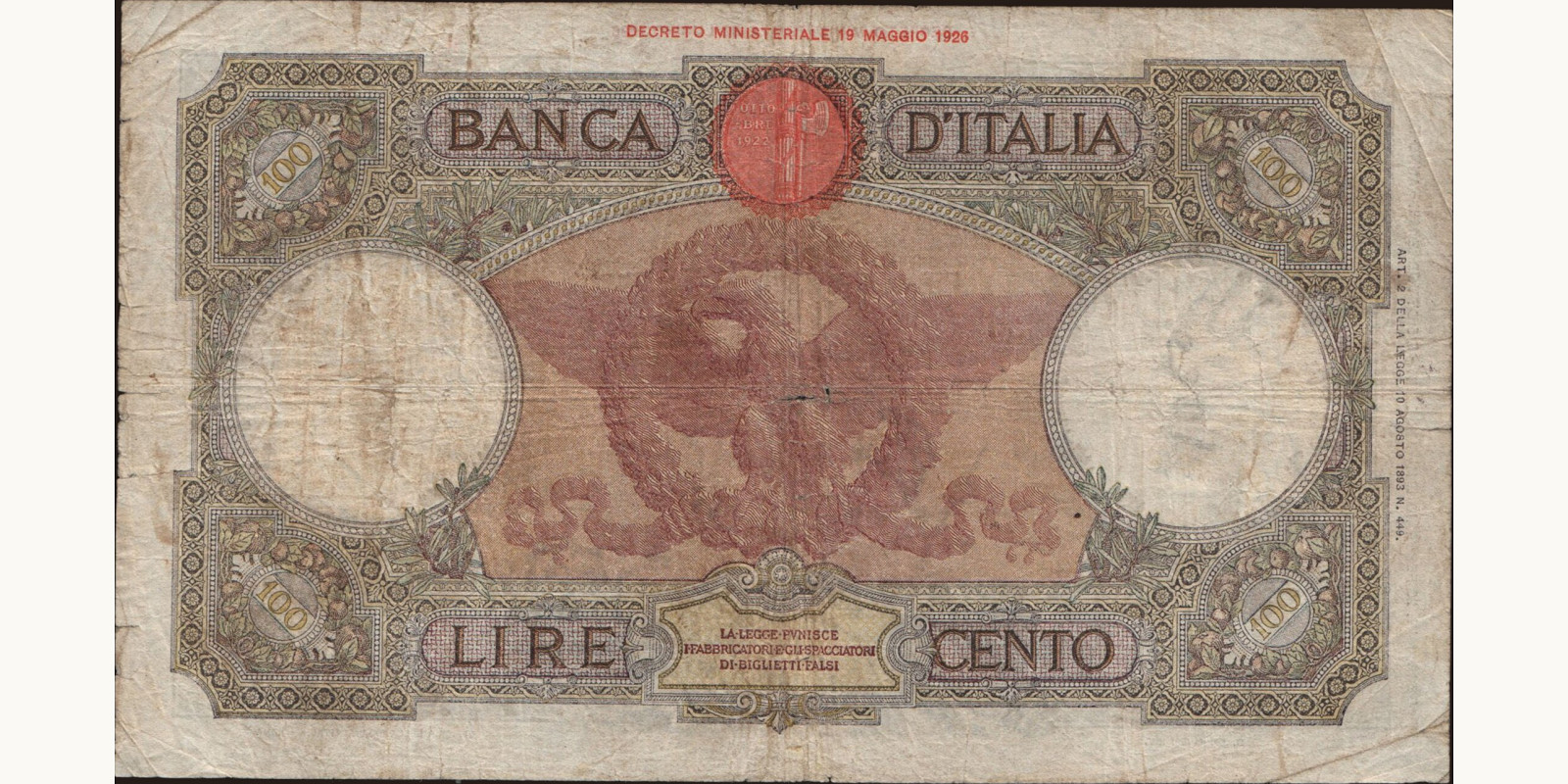 100 lira Italy 1941 — Back side