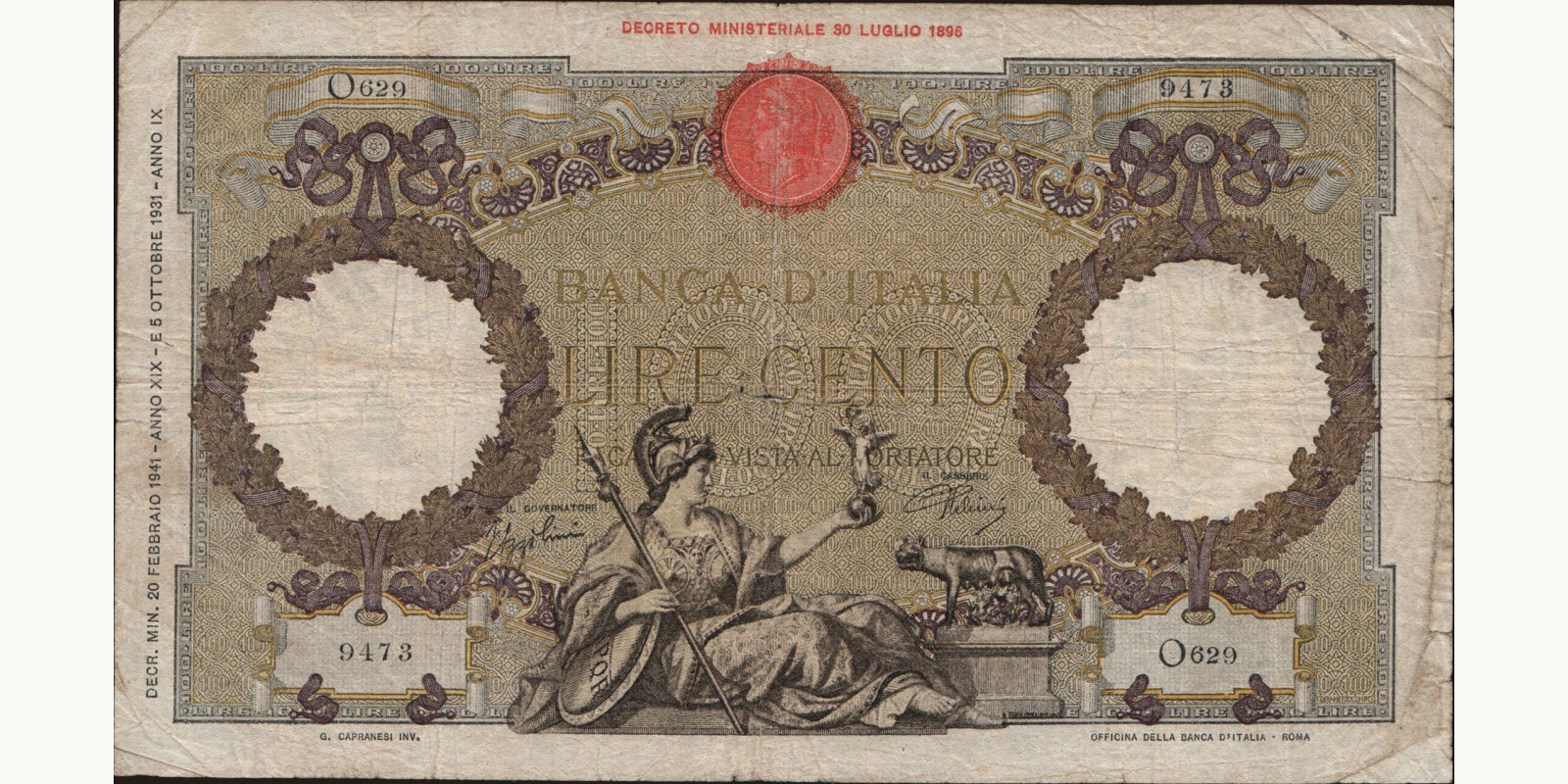 100 lira Italy 1941 — Front side
