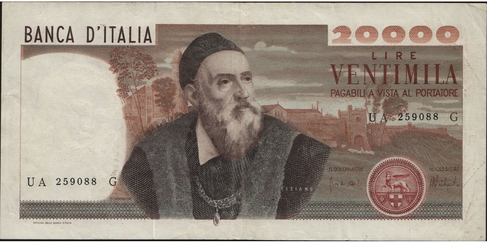 20000 lira Италия 1975 — Лицевая сторона