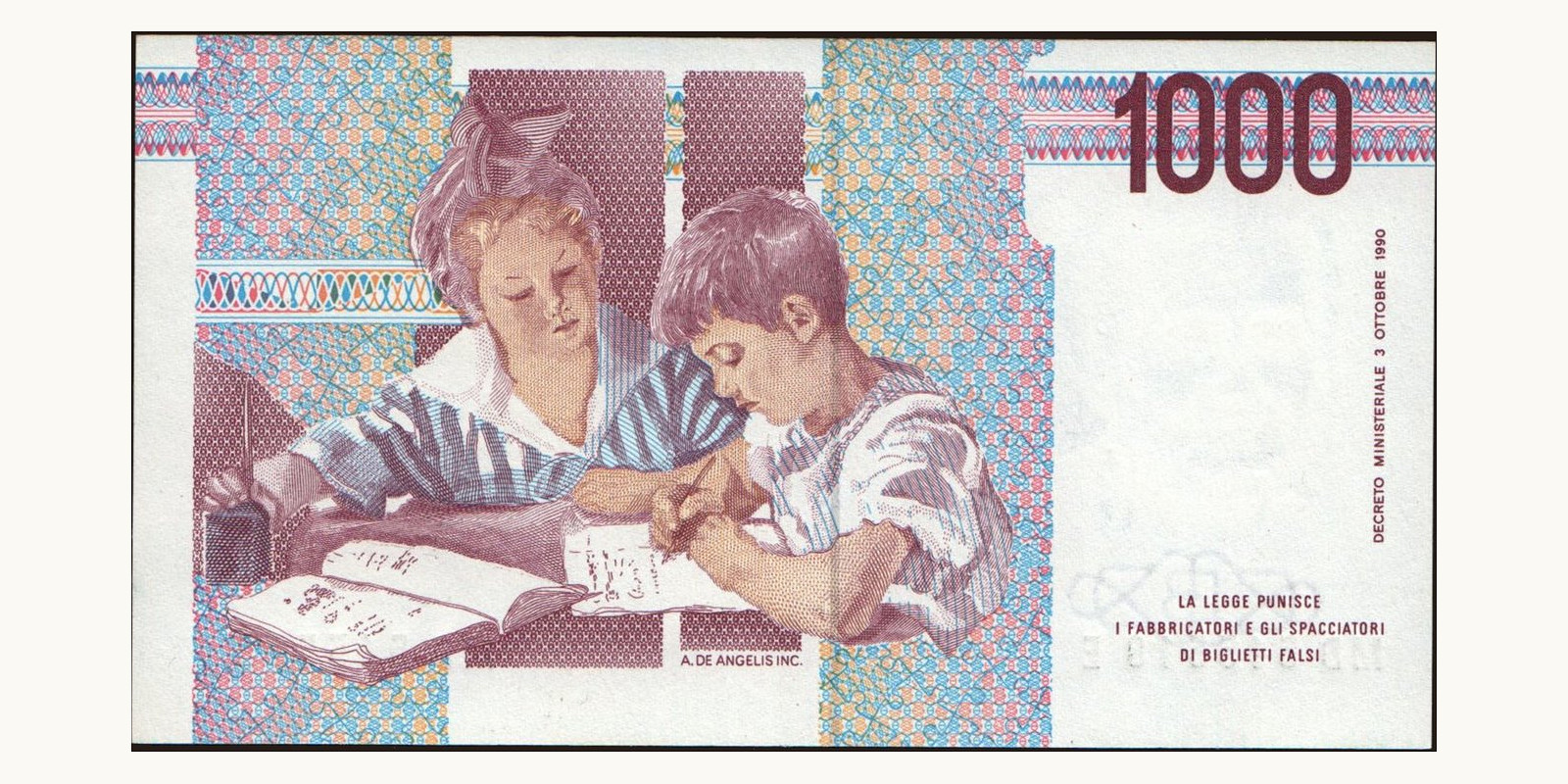 1000 lira Италия 1994 — Оборотная сторона