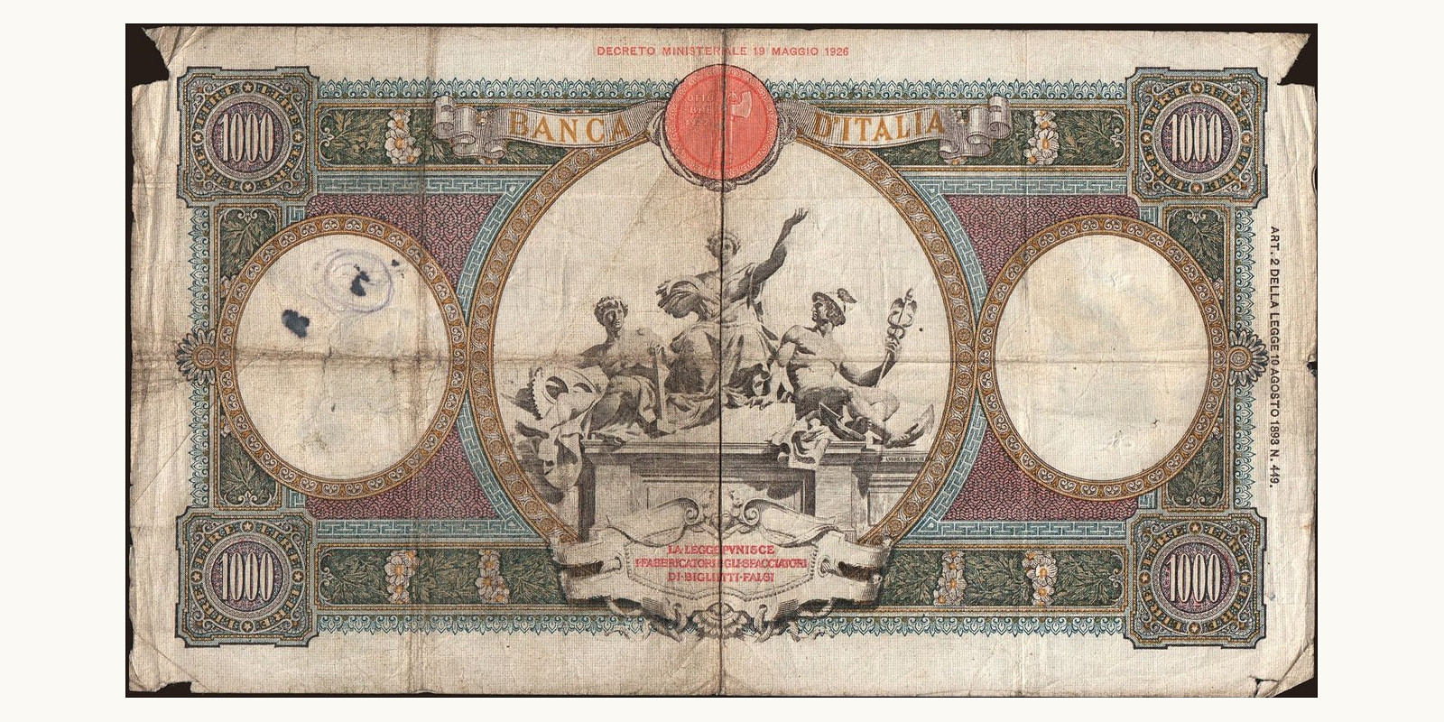 1000 lira Italy 1939 — Back side