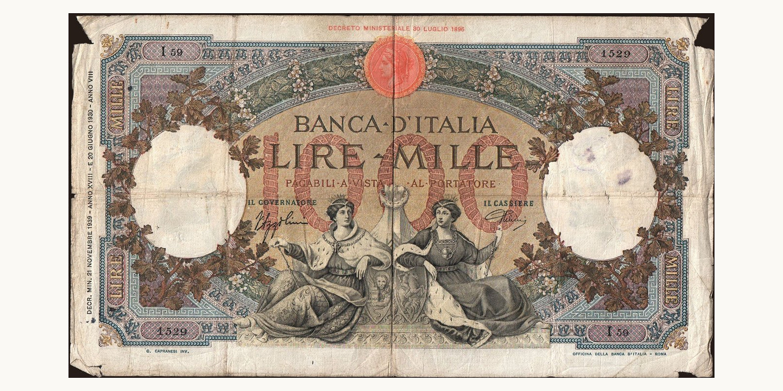 1000 lira Italy 1939 — Front side