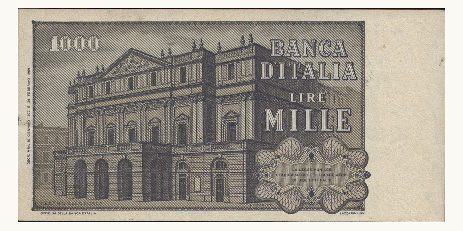 1000 lira Италия 1977 — Оборотная сторона