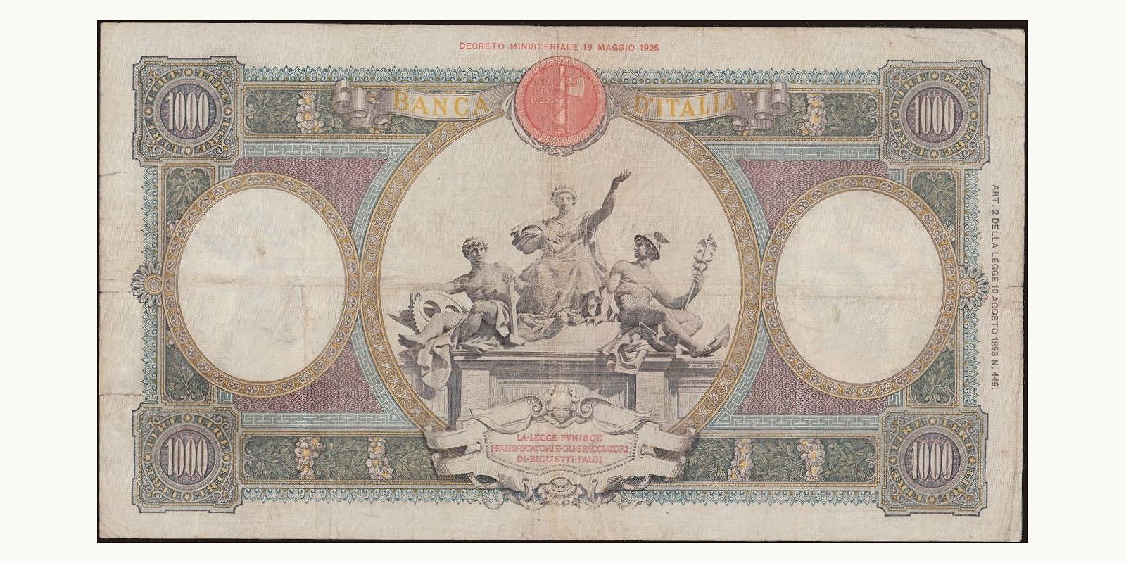1000 lira Italy 1933 — Back side