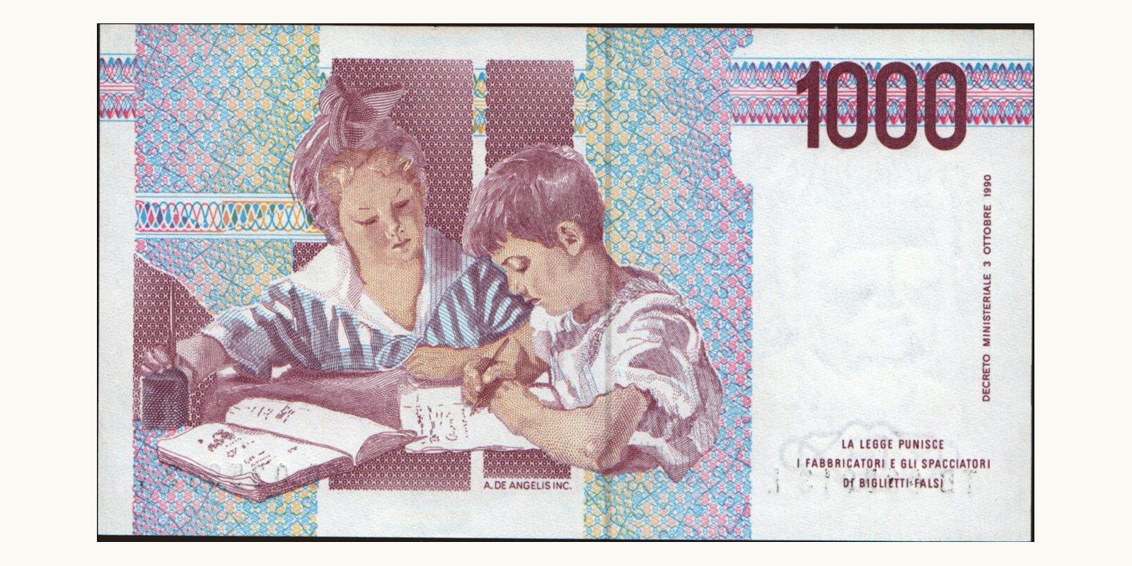 1000 lira Italy 1991 — Back side