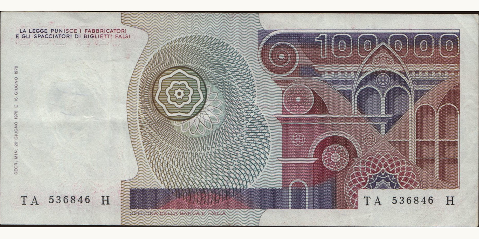 100000 lira Italy 1978 — Back side