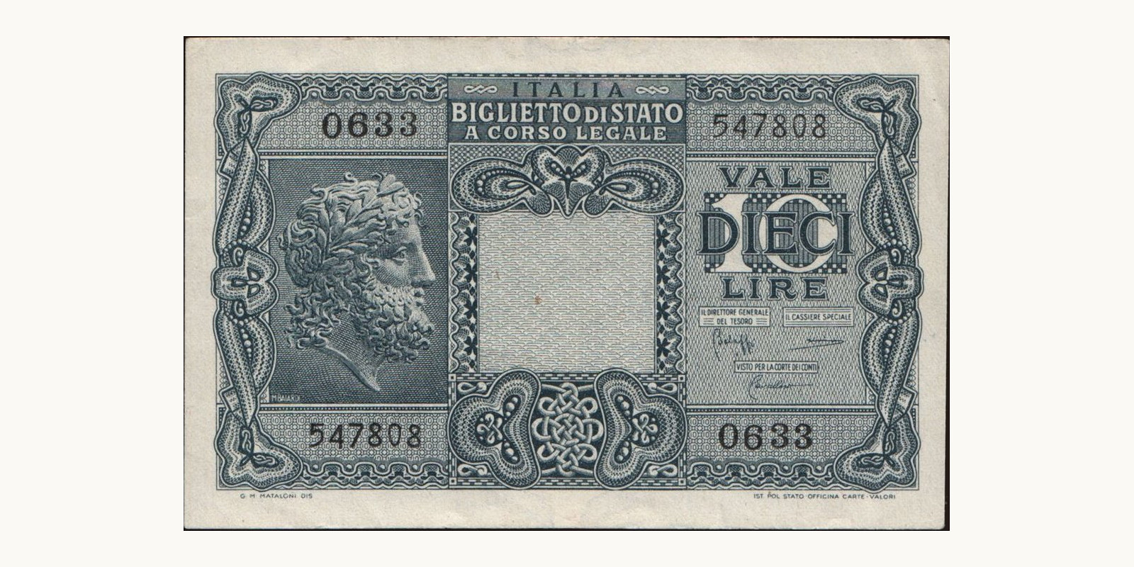 10 lira Italy 1944 — Front side