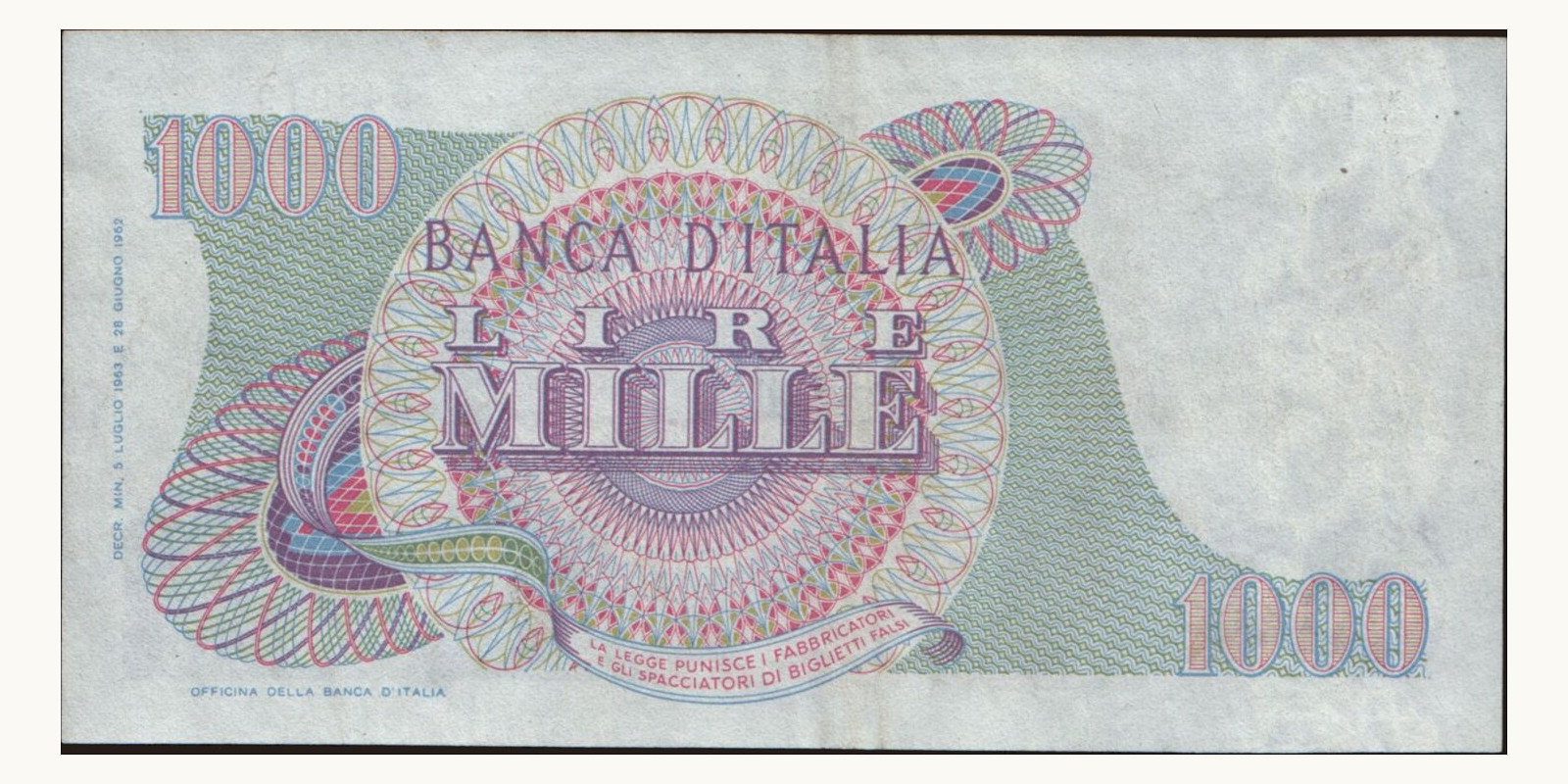 1000 lira Italy 1963 — Back side
