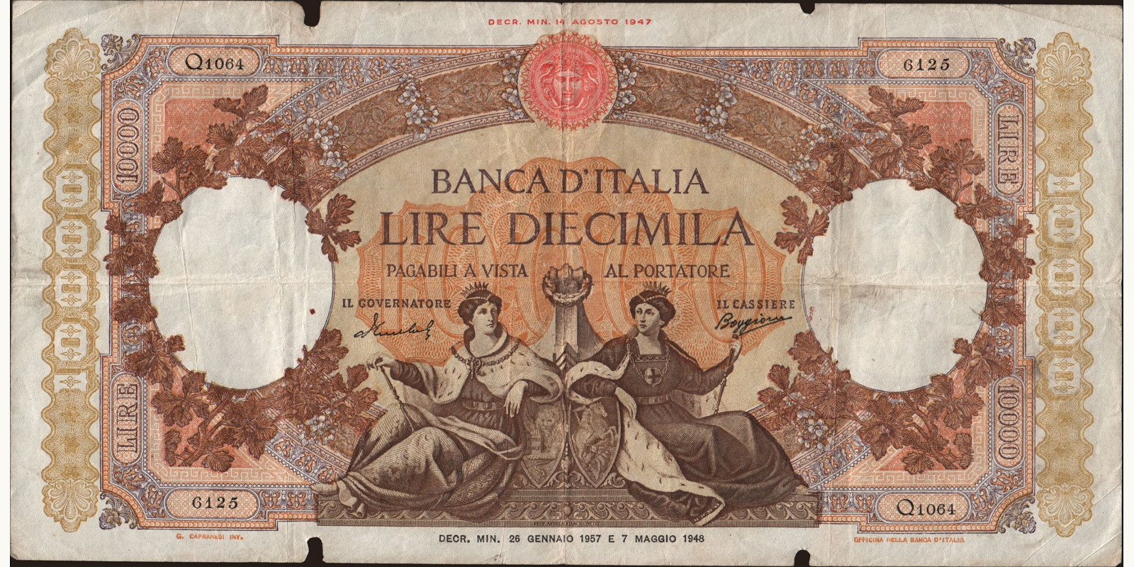 10000 lira Italy 1957 — Front side