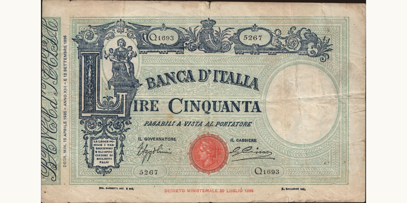 50 lira Италия 1935 — Лицевая сторона
