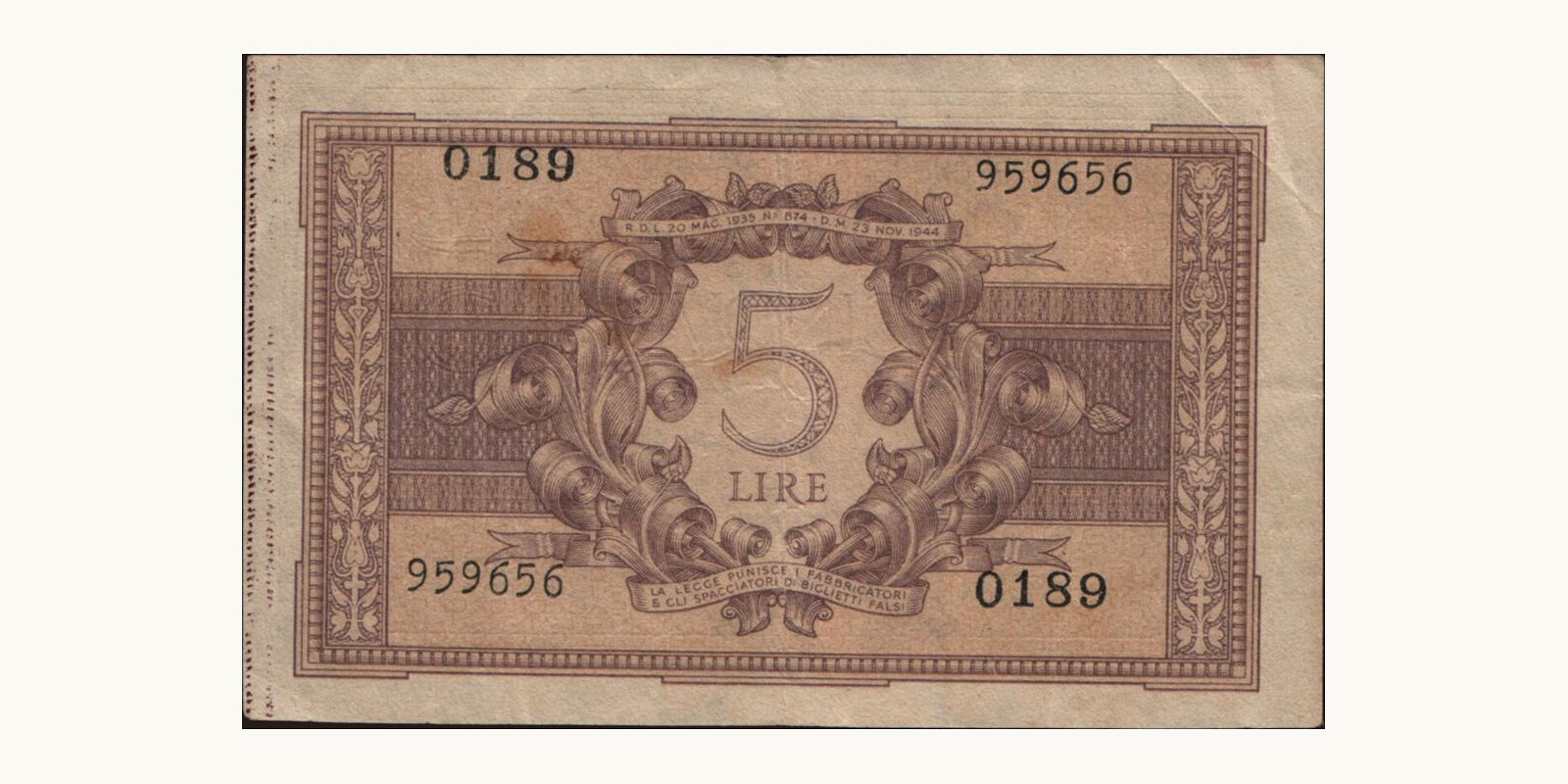 5 lira Italy 1944 — Back side