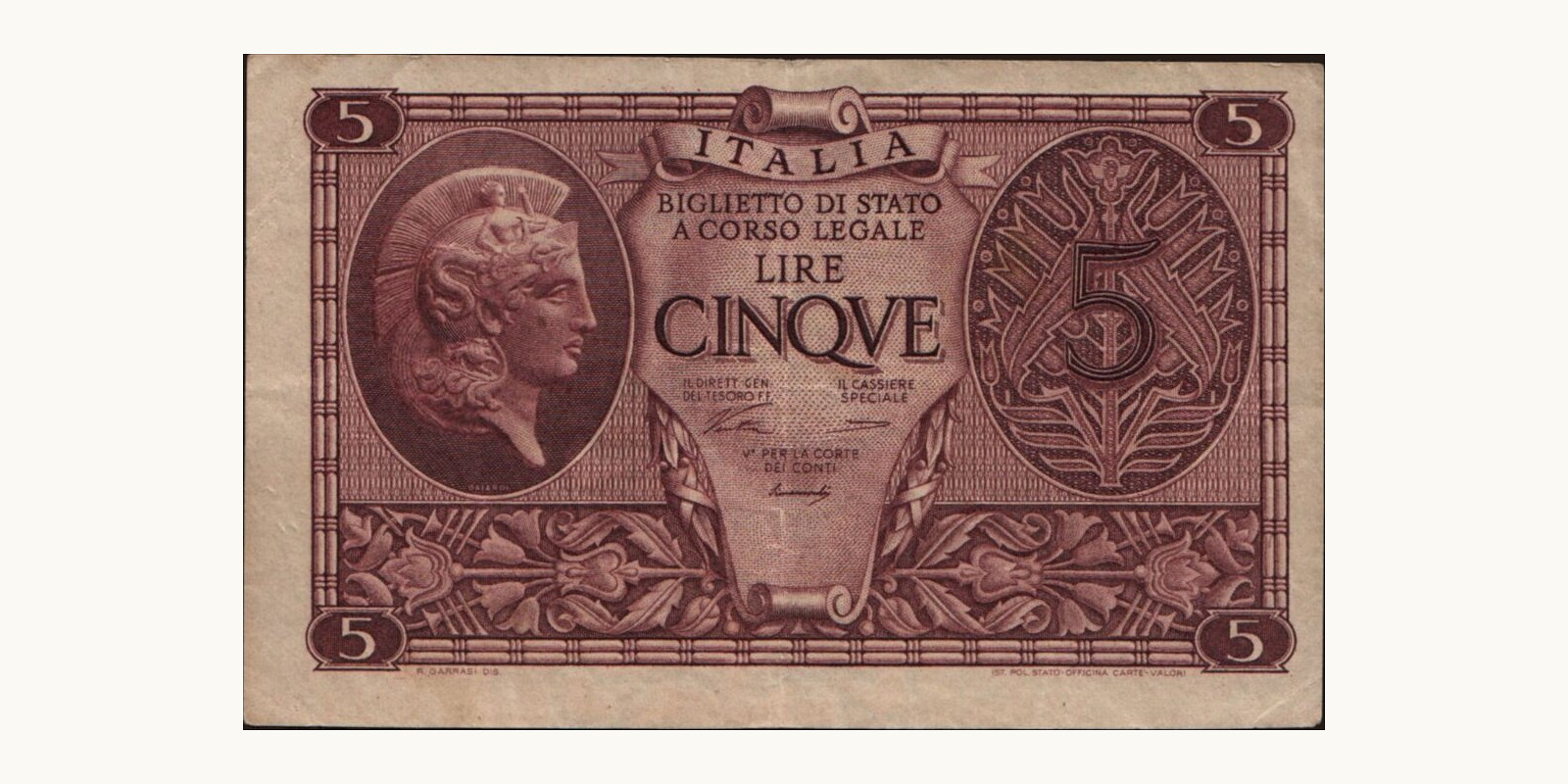 5 lira Italy 1944 — Front side