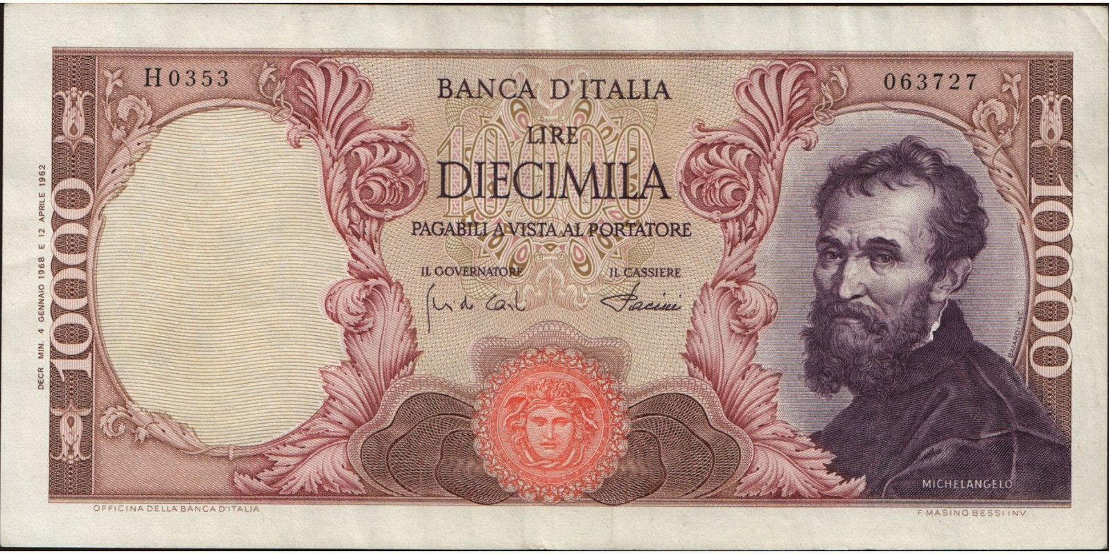 10000 lira Италия 1968 — Лицевая сторона