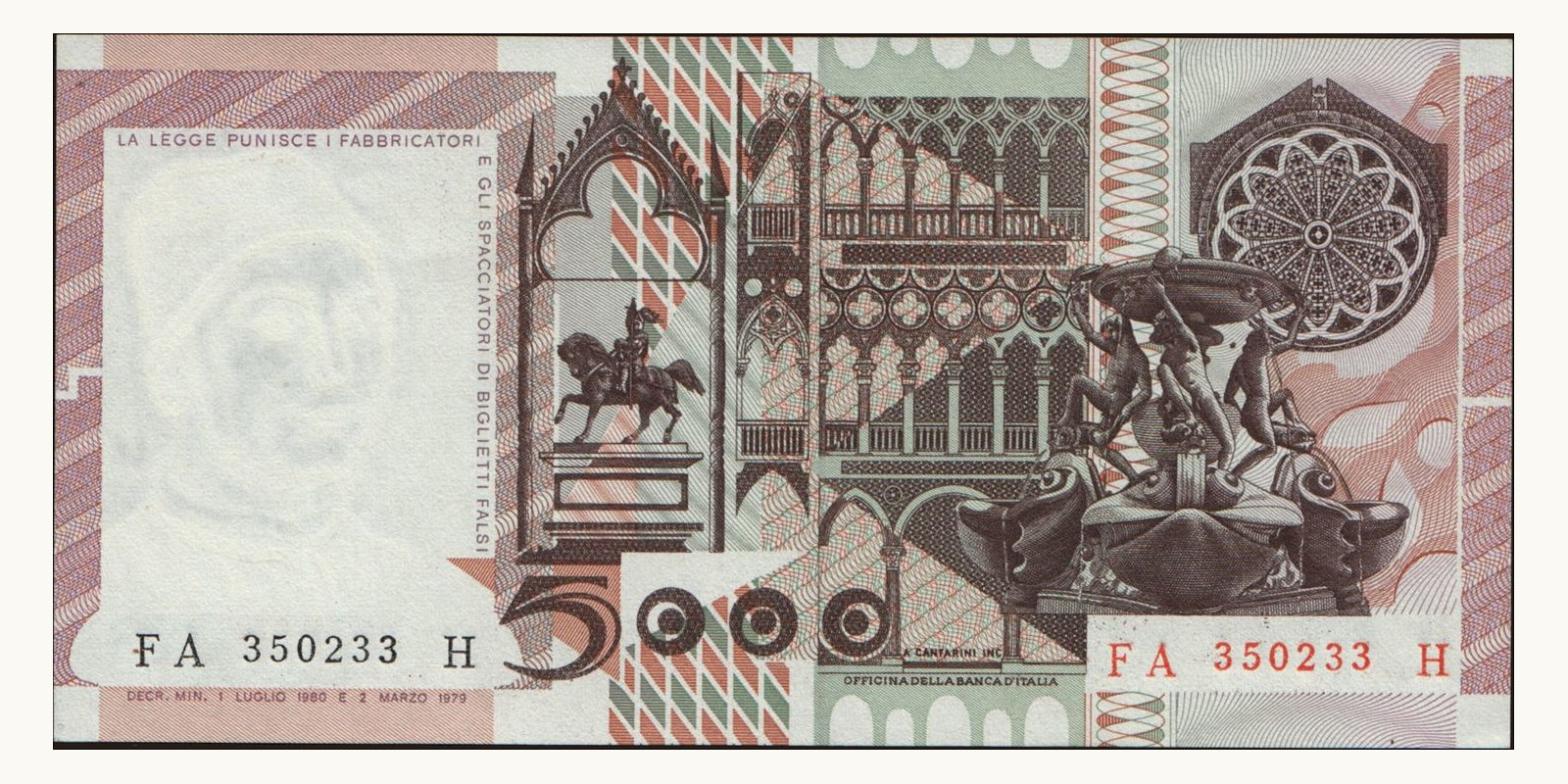 5000 lira Италия 1980 — Оборотная сторона