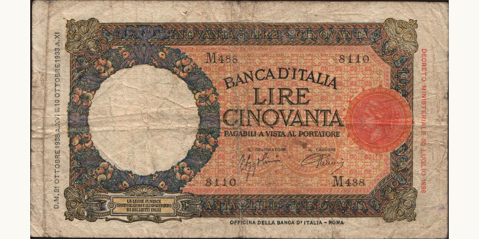 50 lira Italy 1938 — Front side