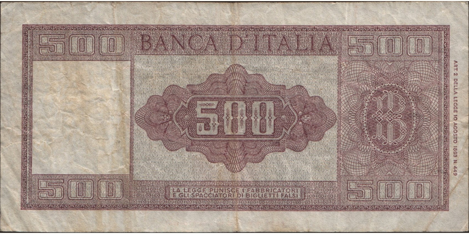 500 lira Italy 1947 — Back side