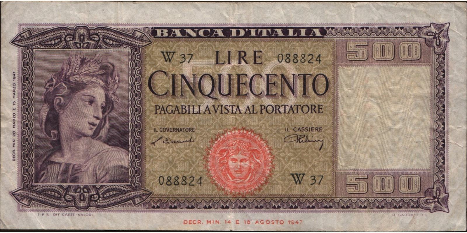 500 lira Italy 1947 — Front side