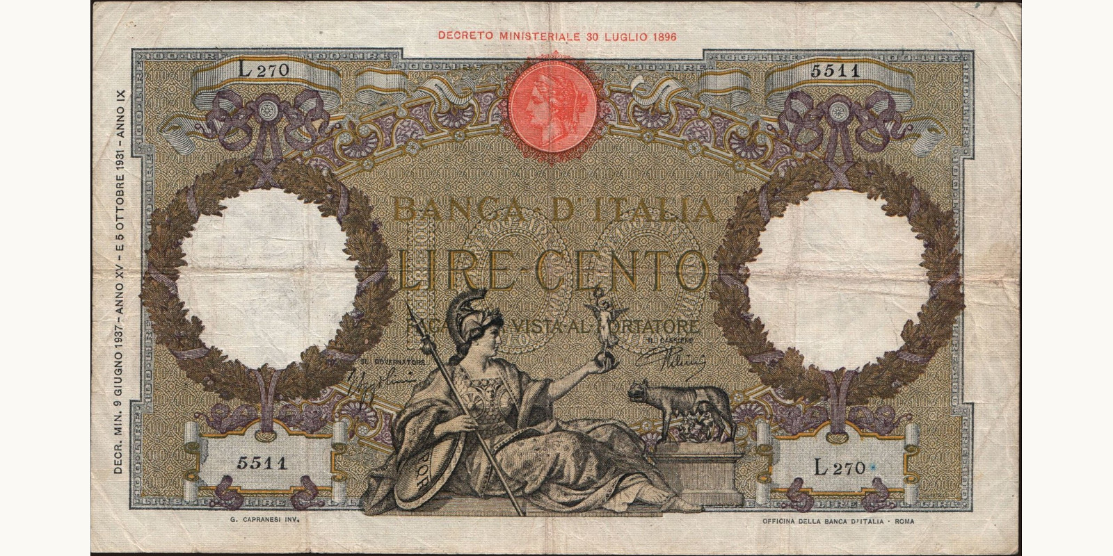 100 lira Италия 1937 — Лицевая сторона