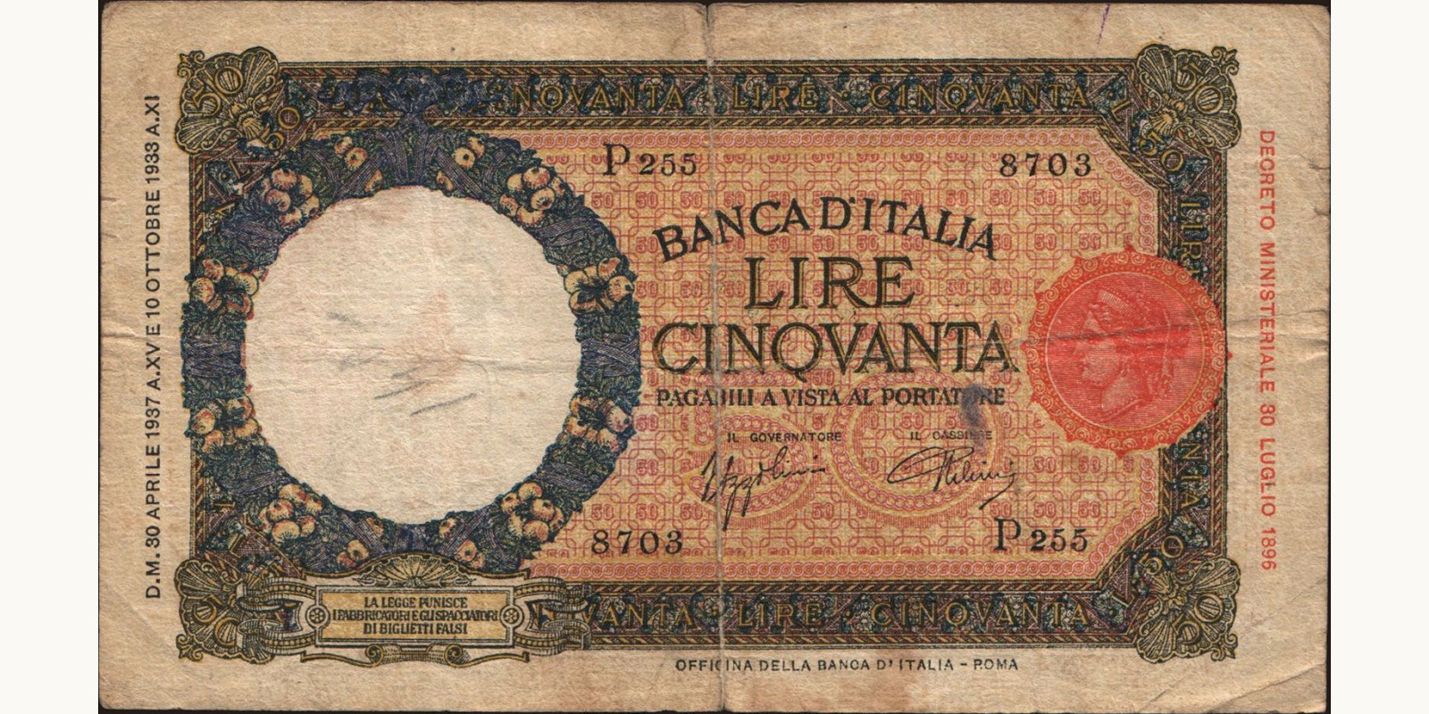 50 lira Italy 1937 — Front side