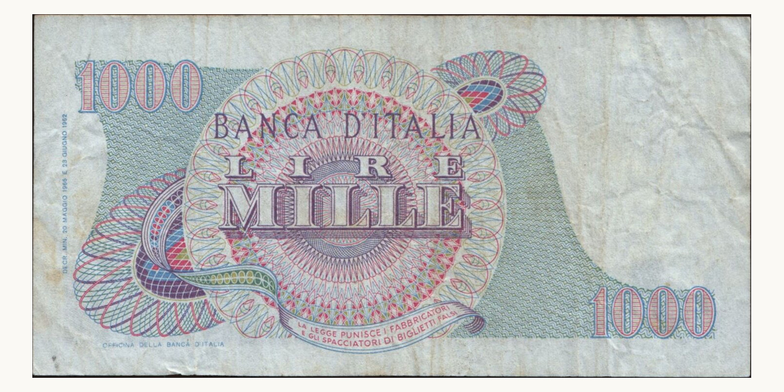 1000 lira Italy 1966 — Back side