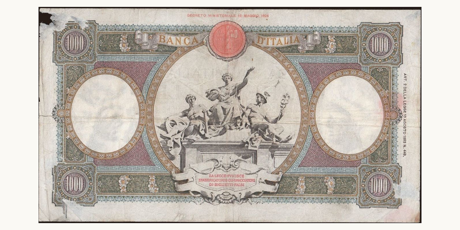 1000 lira Italy 1940 — Back side