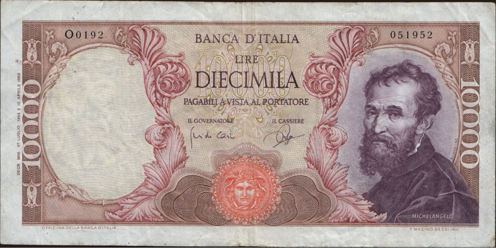 10000 lira Италия 1964 — Лицевая сторона