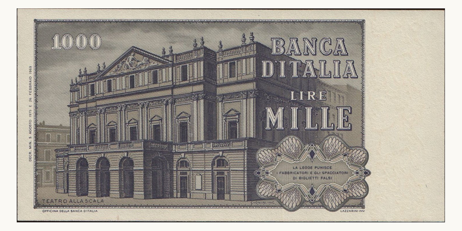 1000 lira Italy 1975 — Back side