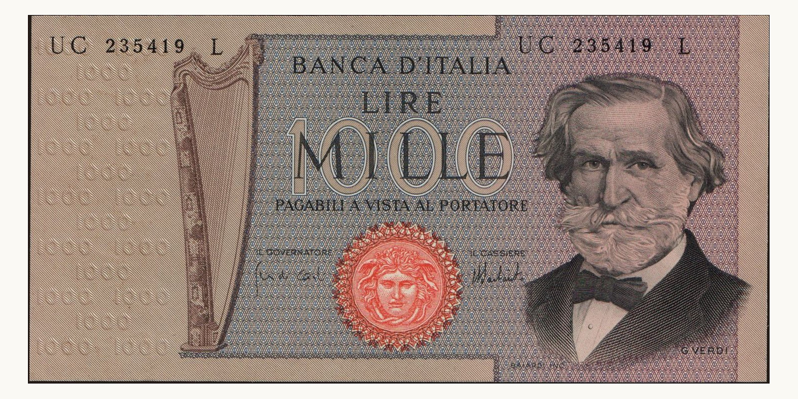 1000 lira Italy 1975 — Front side