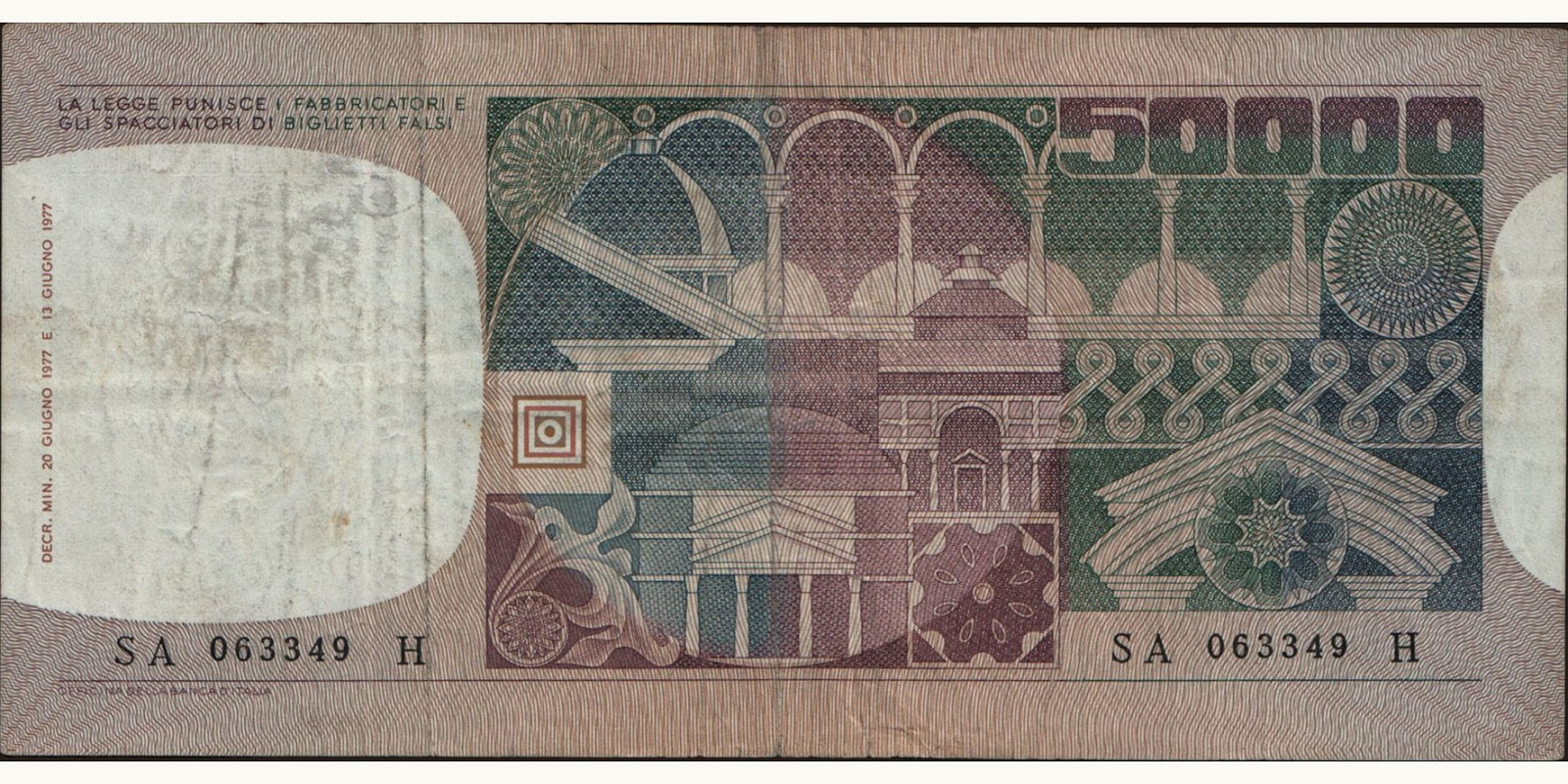 50000 lira Italy 1977 — Back side