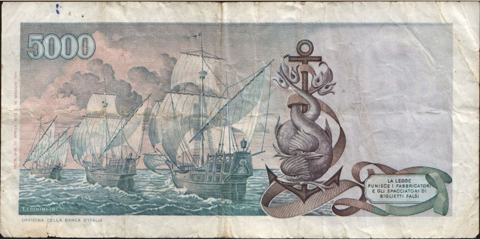 5000 lira Italy 1973 — Back side