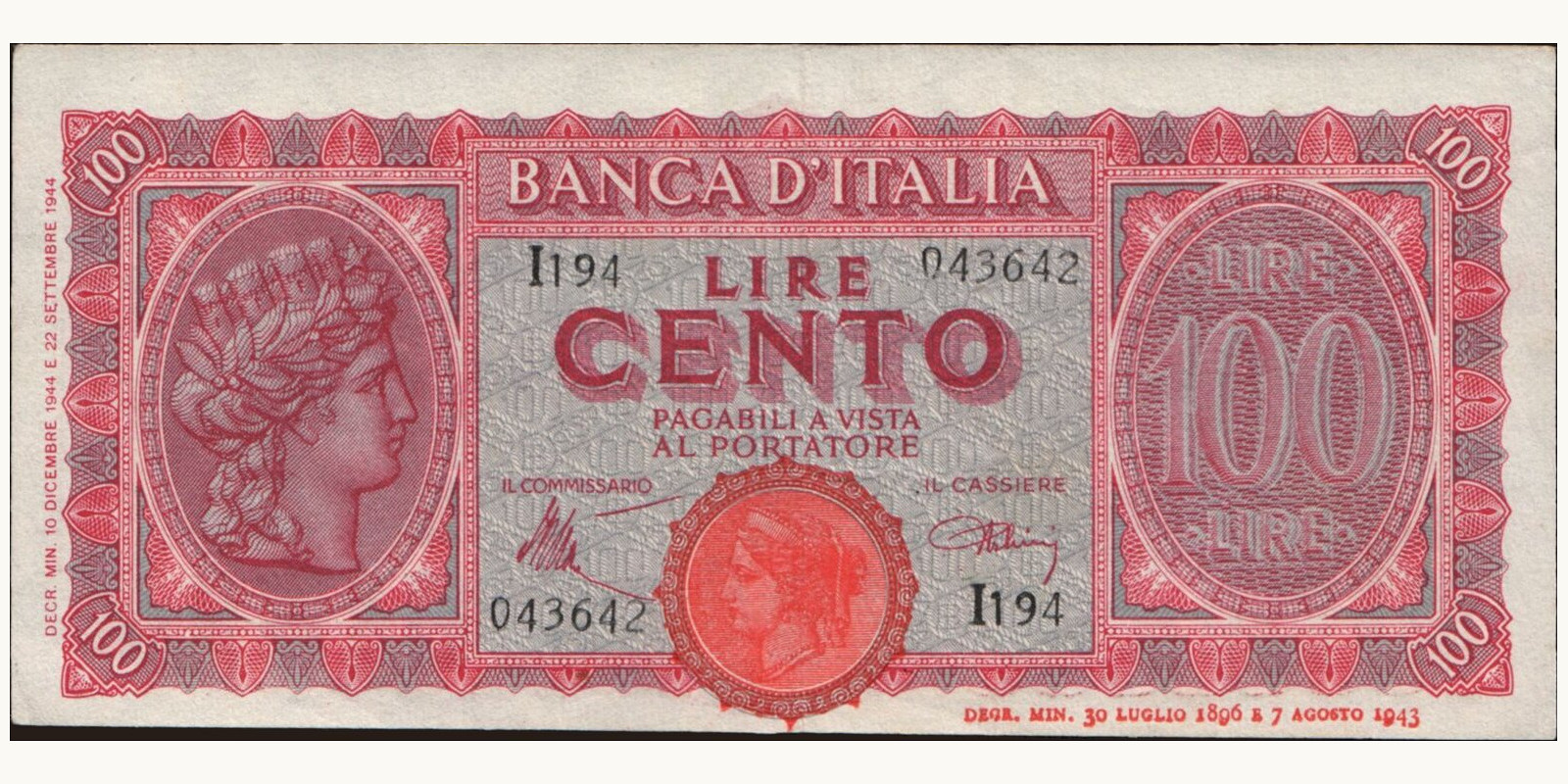 100 lira Italy 1944 — Front side