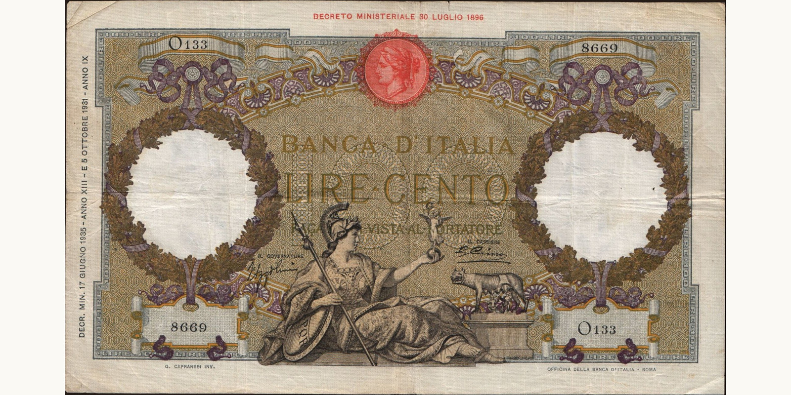 100 lira Италия 1935 — Лицевая сторона