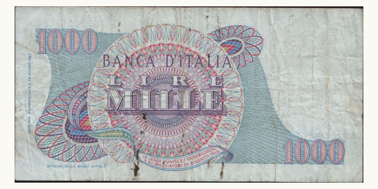 1000 lira Italy 1968 — Back side