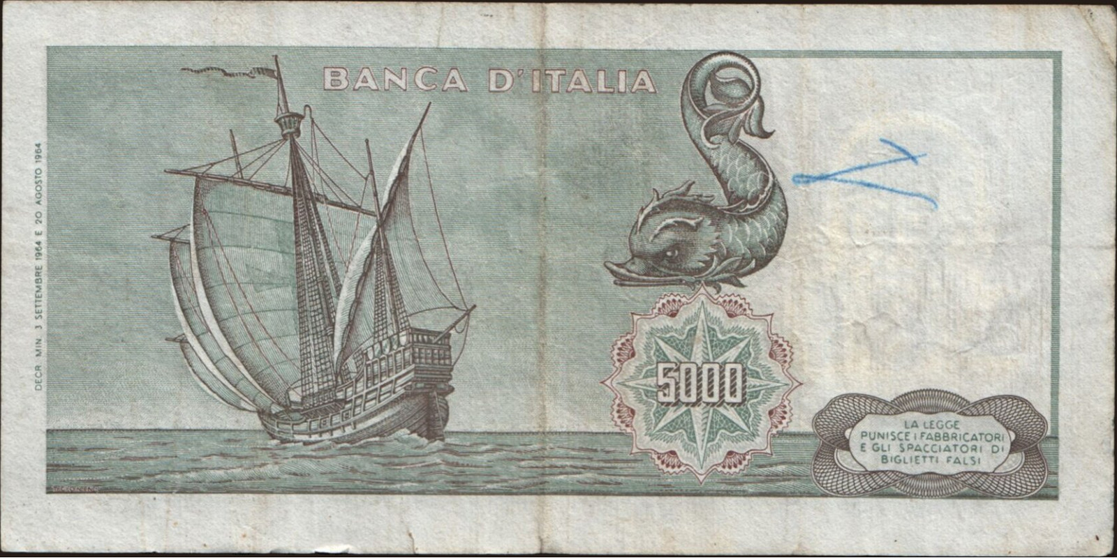 5000 lira Италия 1964 — Оборотная сторона