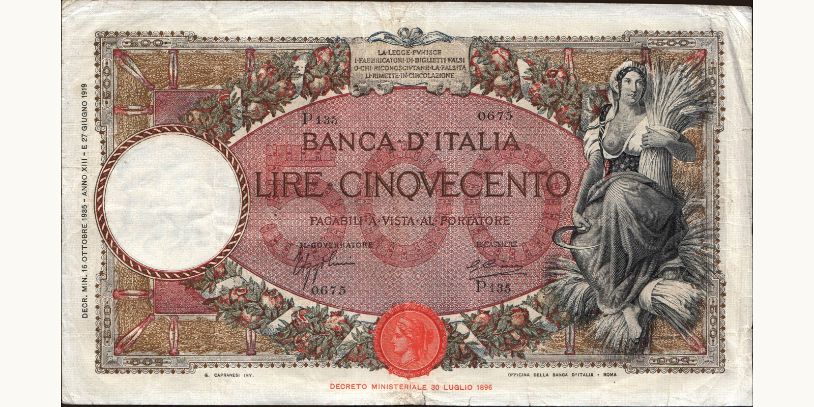 500 lira Italy 1935 — Front side