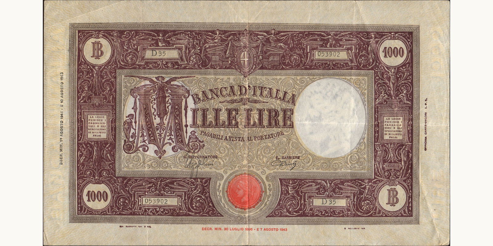 1000 lira Italy 1944 — Front side