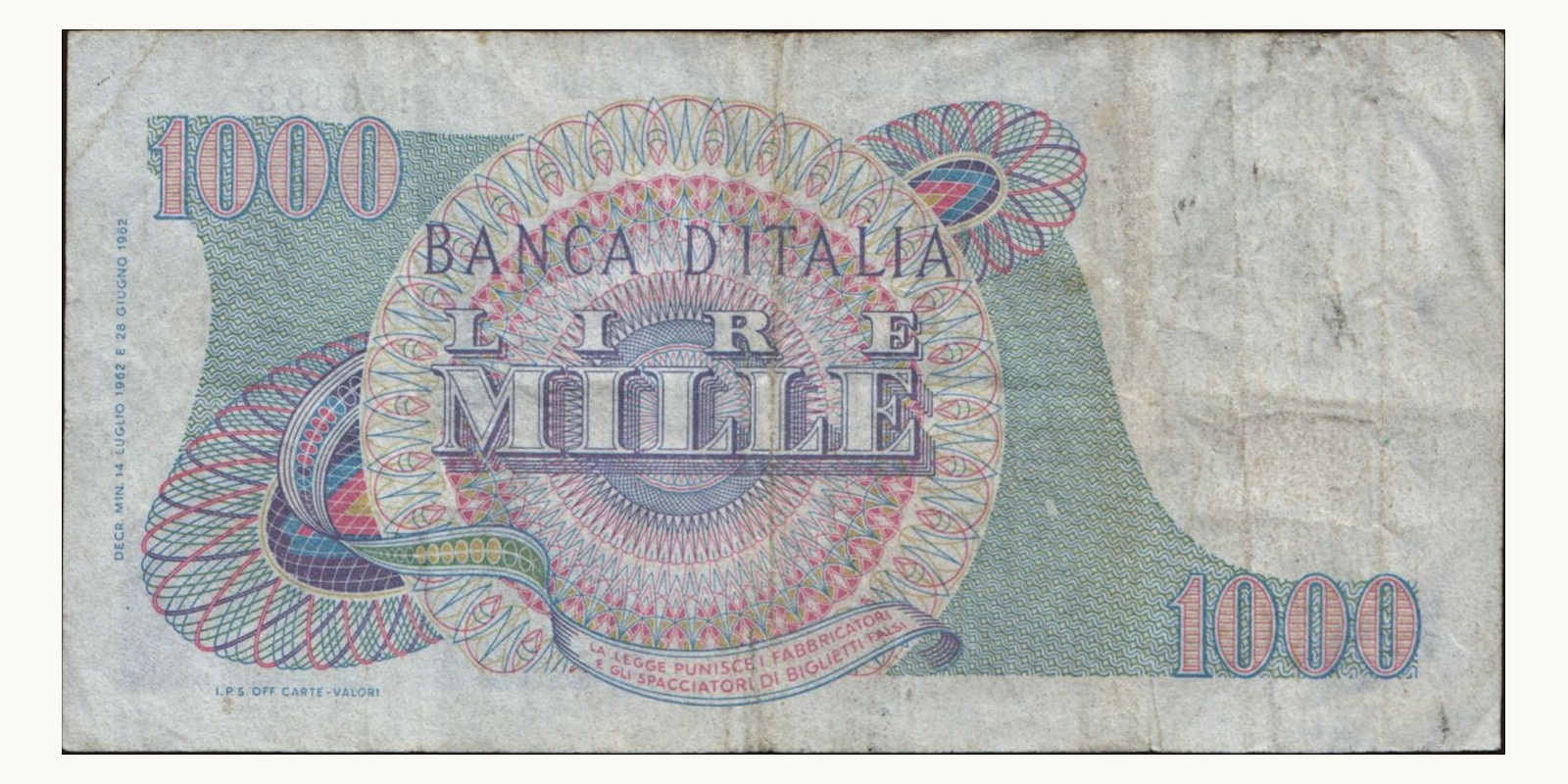 1000 lira Italy 1962 — Back side