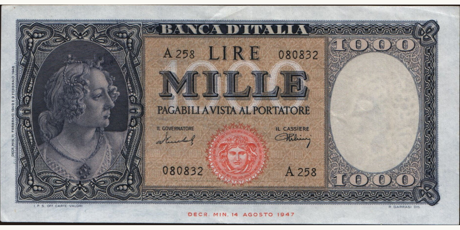 1000 lira Italy 1949 — Front side