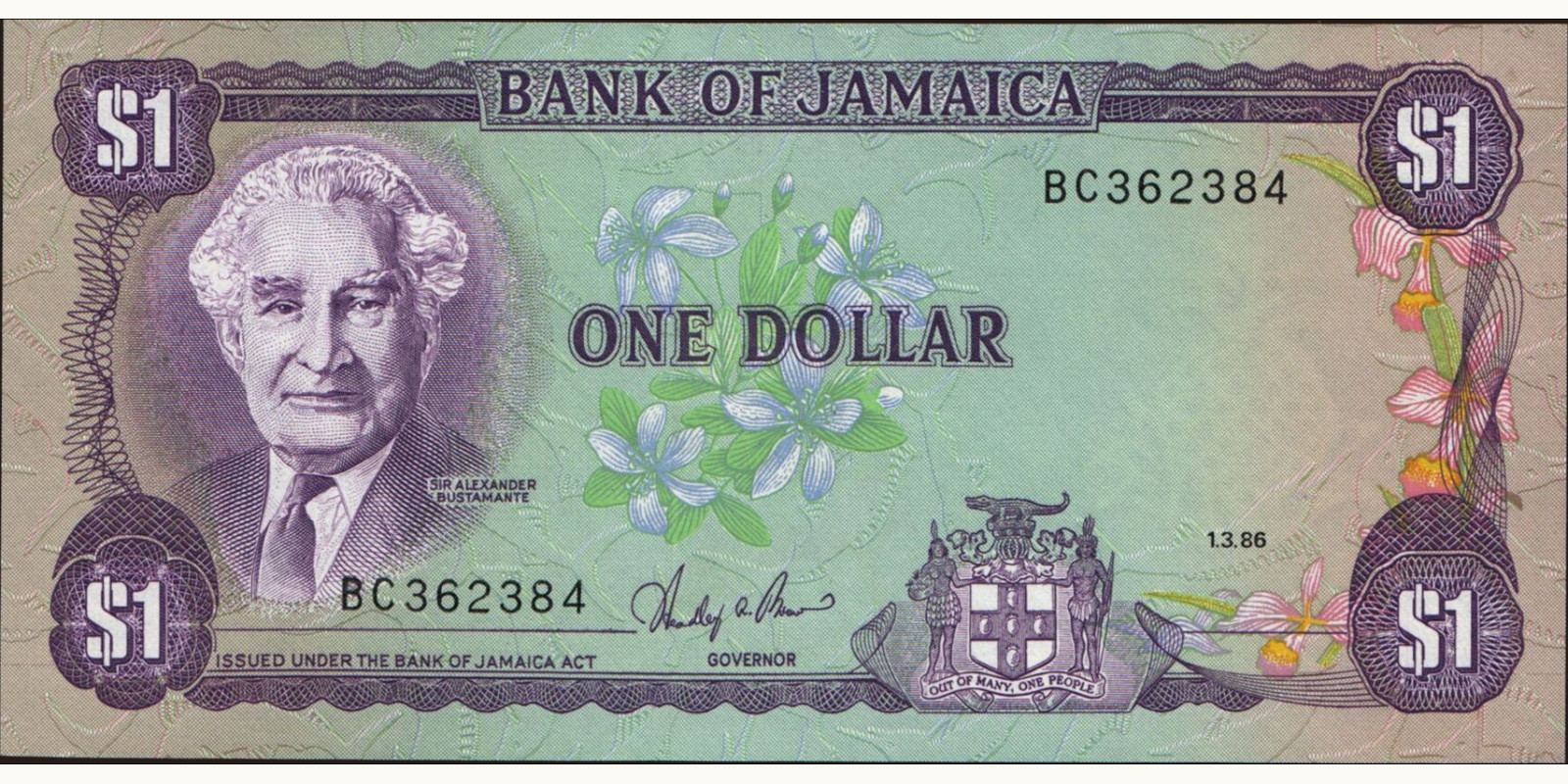 1 dollars Ямайка 1986 — Лицевая сторона