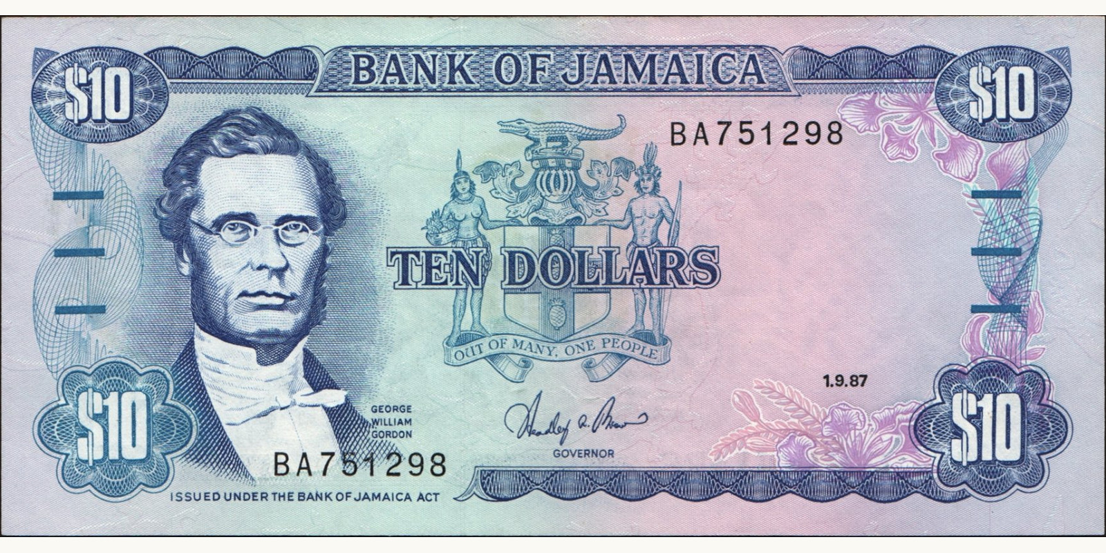 10 dollars Ямайка 1987 — Лицевая сторона
