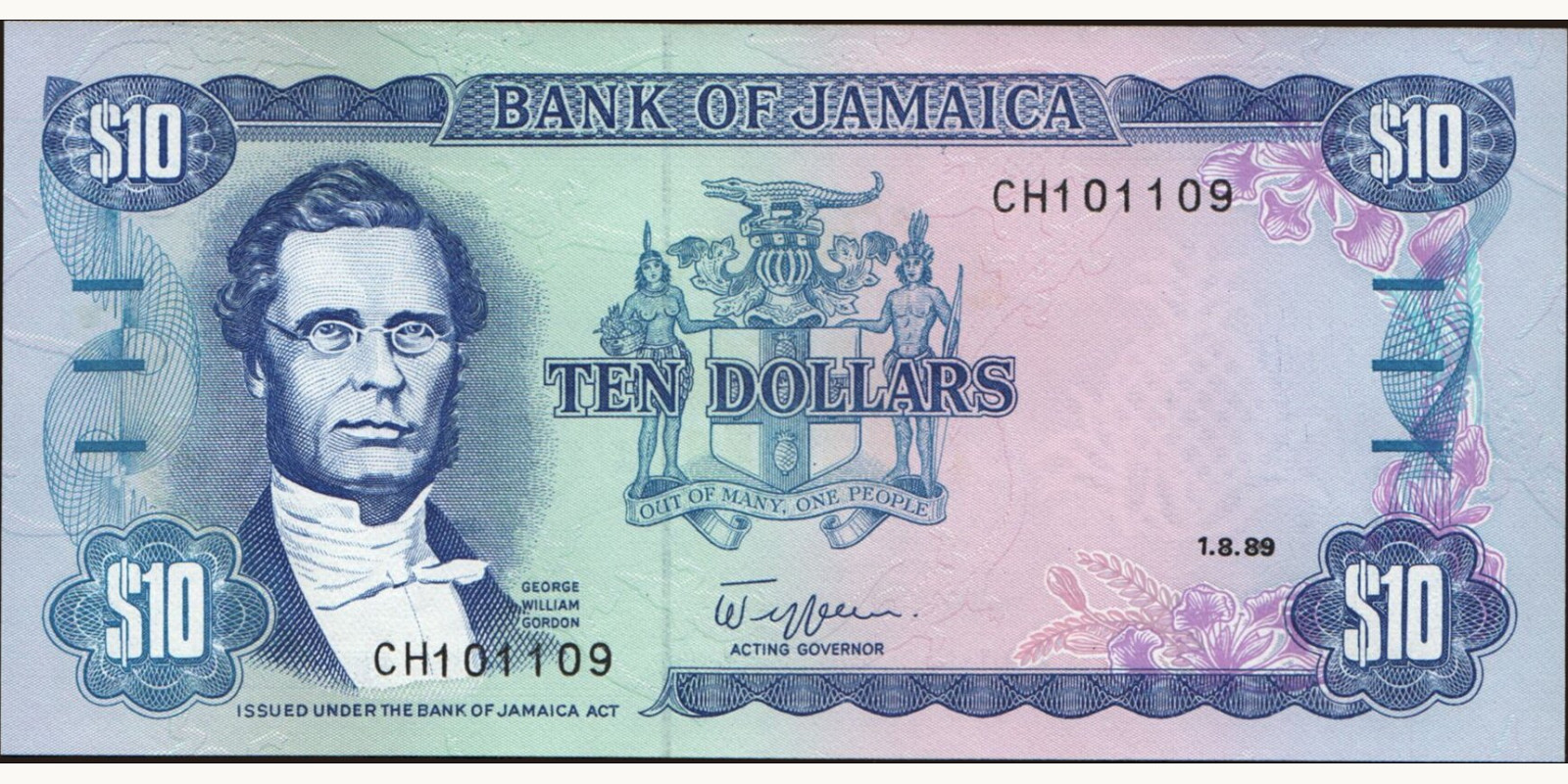 10 dollars Ямайка 1989 — Лицевая сторона