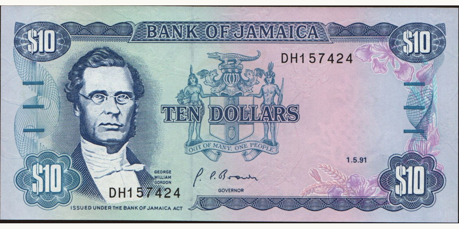10 dollars Ямайка 1991 — Лицевая сторона