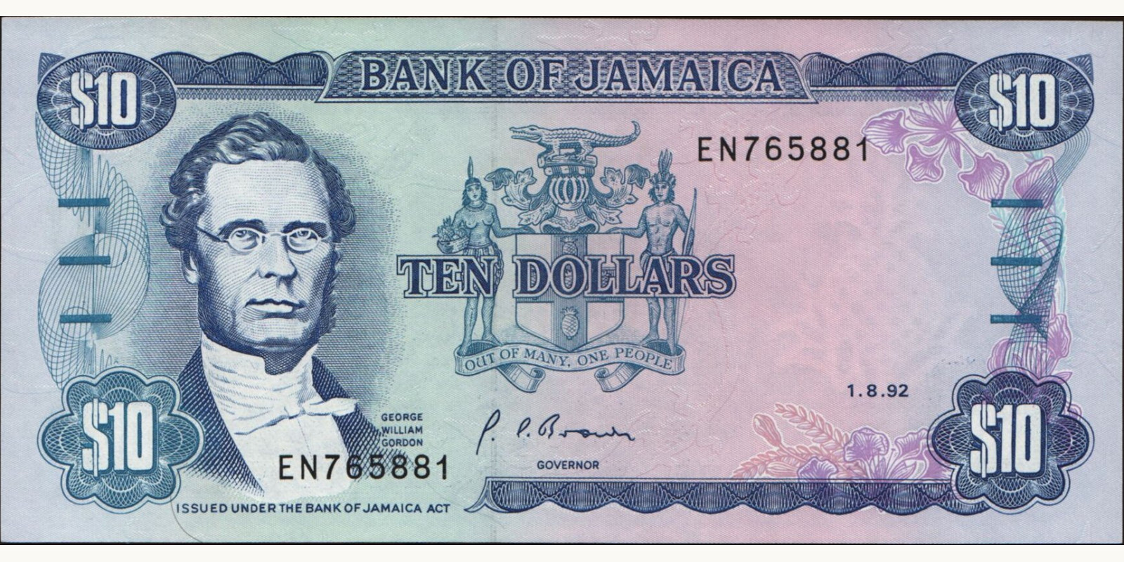 10 dollars Ямайка 1992 — Лицевая сторона