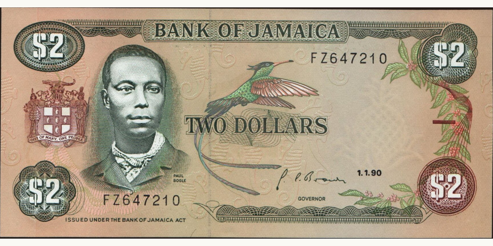 2 dollars Ямайка 1990 — Лицевая сторона