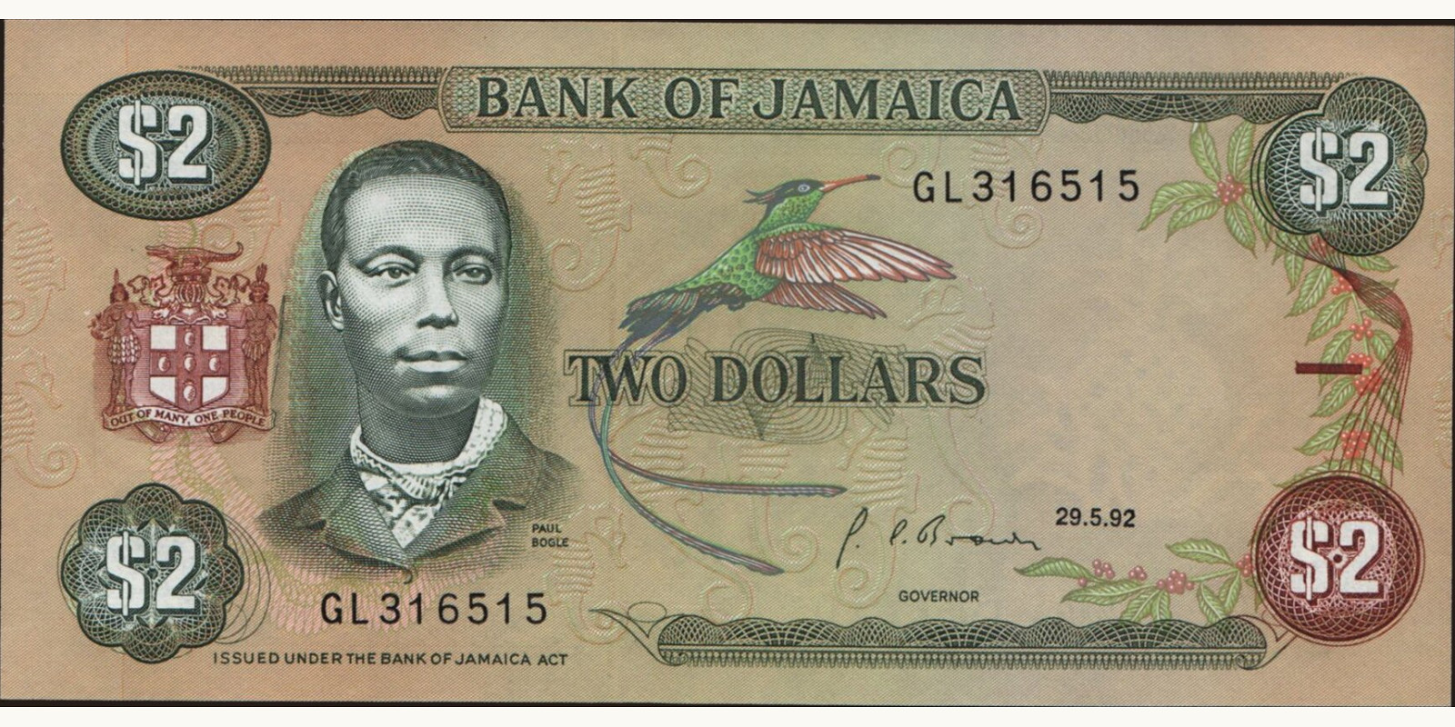 2 dollars Ямайка 1992 — Лицевая сторона