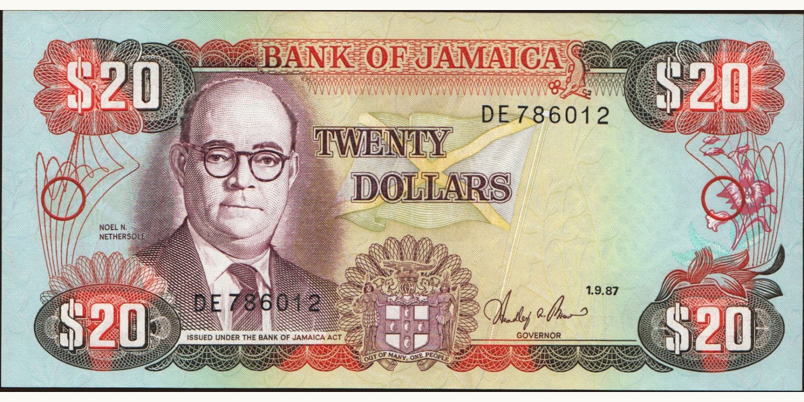 20 dollars Ямайка 1987 — Лицевая сторона