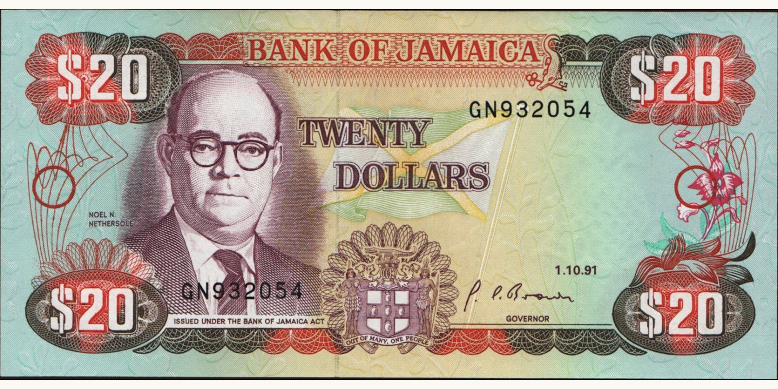 20 dollars Ямайка 1991 — Лицевая сторона