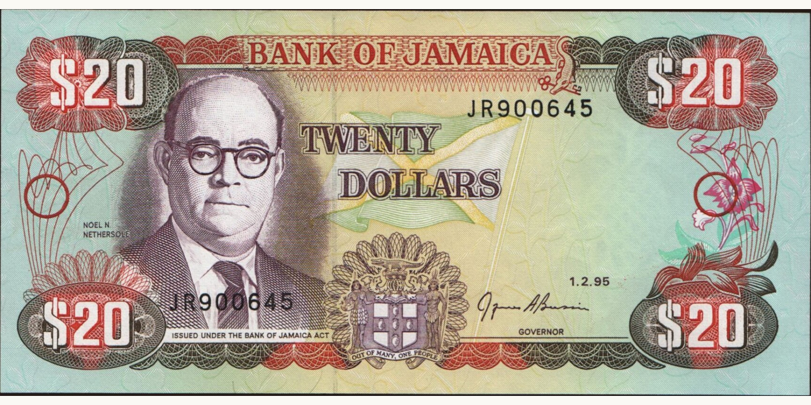 20 dollars Ямайка 1995 — Лицевая сторона