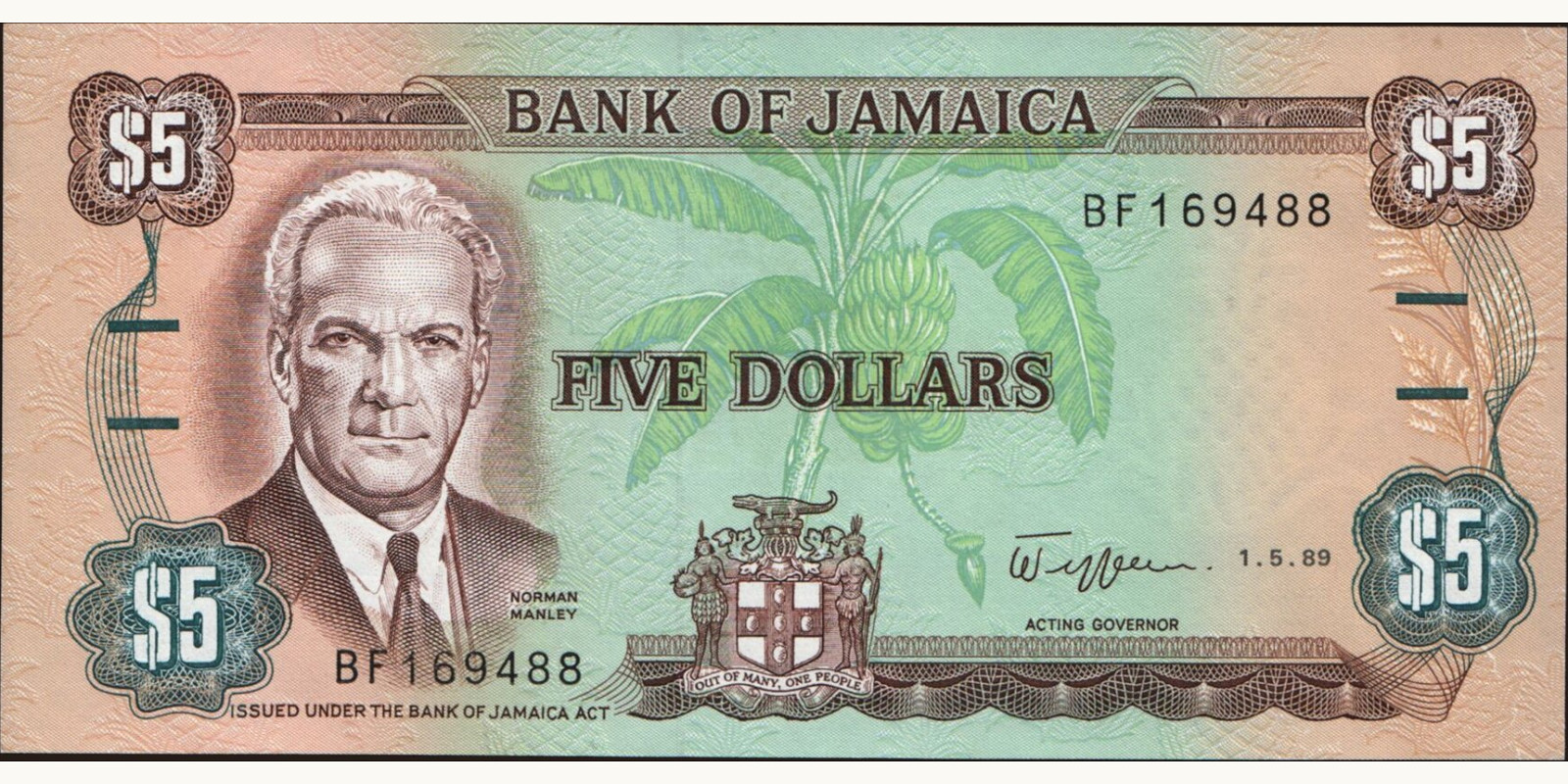 5 dollars Jamaica 1989 — Front side