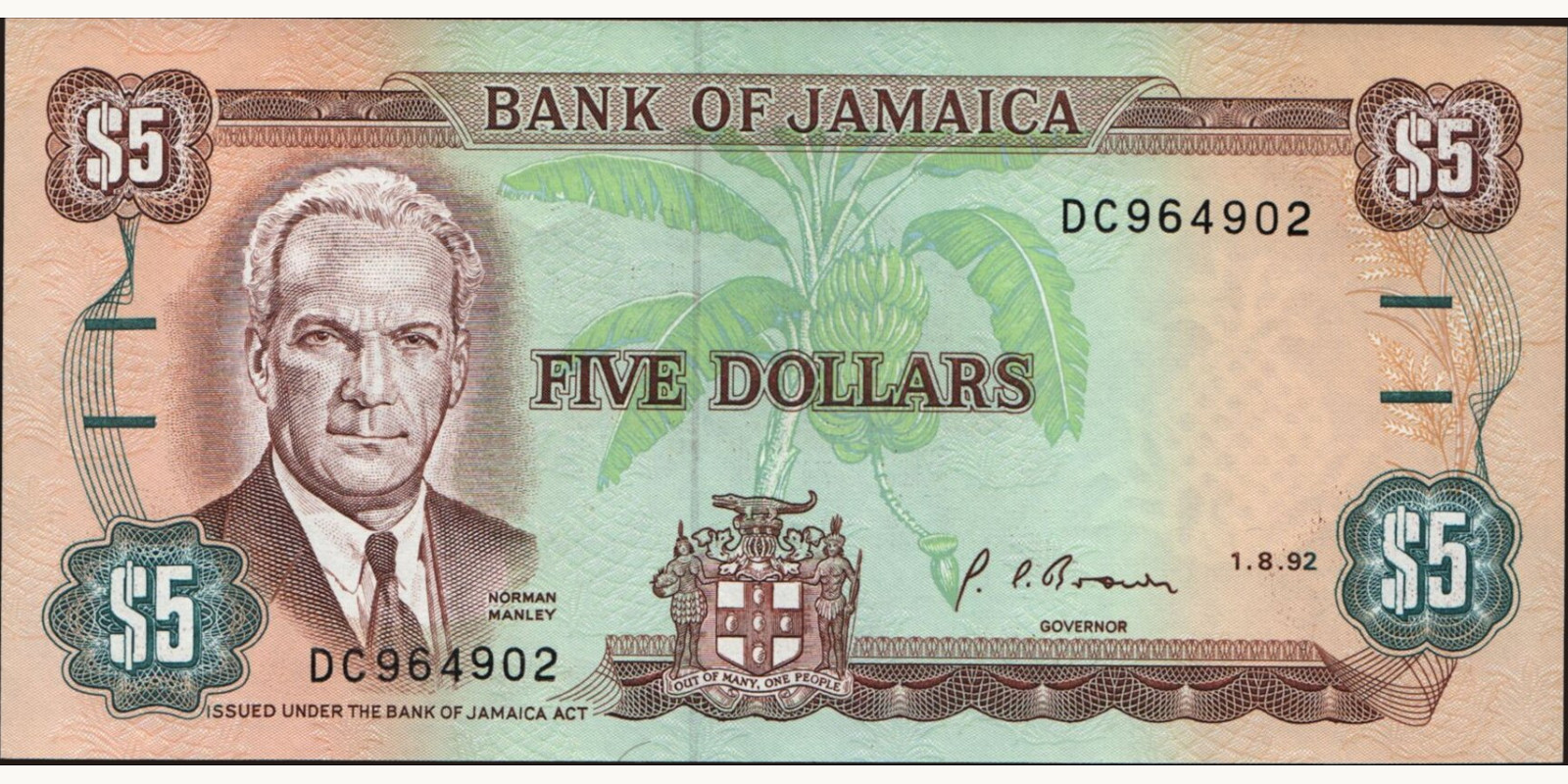 5 dollars Ямайка 1992 — Лицевая сторона